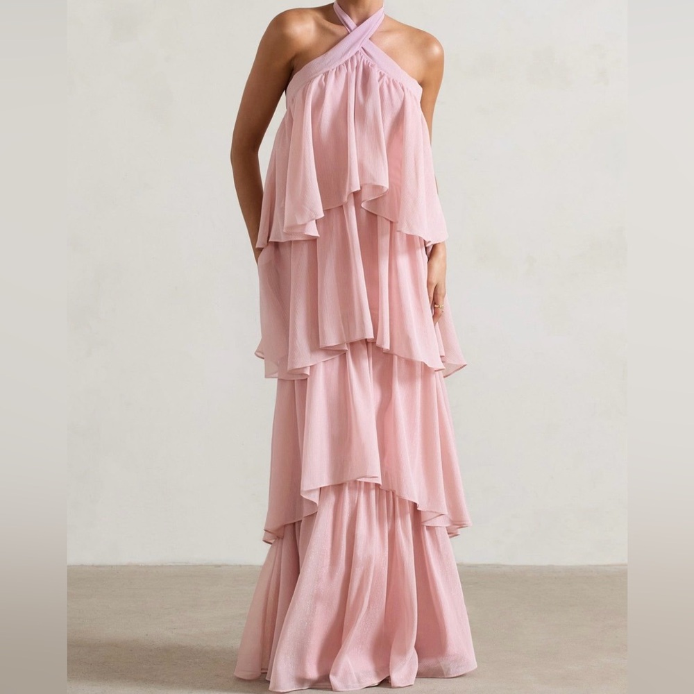 Kassiah Light Pink Halter-Neck Ruffle Maxi Dress